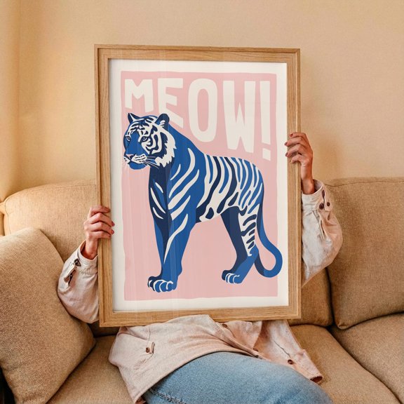 Meow Tiger Wall Art Print, Minimalist Modern Feline Animal Decor