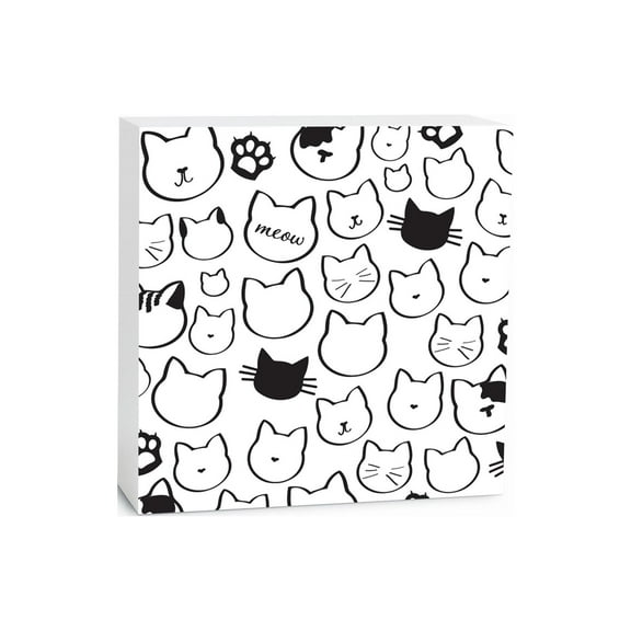 Meow White Cat Faces Paws 5 x 5 Wood Tabletop Sign Plaque