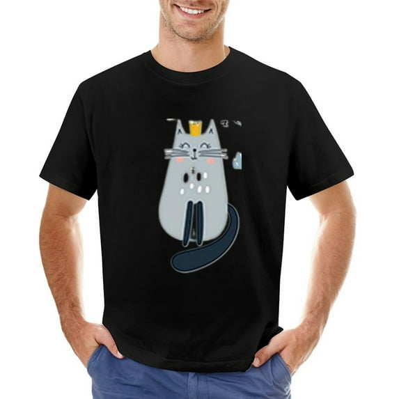 Meow Yellow Cat Men’s T-Shirt 100% Cotton Casual Short Sleeve Tops Gift Tee Black XL