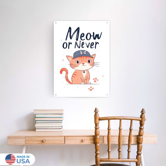 Meow or Never Vertical Tin Sign Wall Decor by Dancing Littles Jungle - Size 12x16 inch