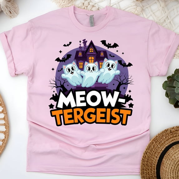 Meow-tergeist Ghost Cat Shirt for Adults, Funny Haunted House Tee, Light Pink, Size M