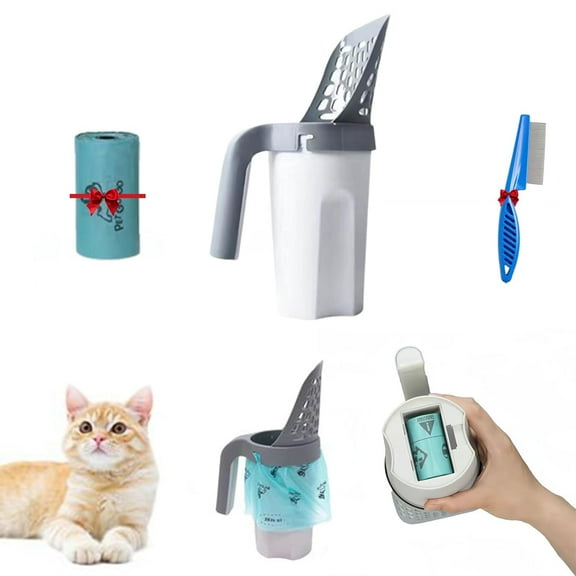 Meowbud Poop Scooper, Meow Bud Cat Litter Scoop with Bag and Storage Bin, Cat Litter Garbage Can, Large Capacity Portable No Touch Litter Box Scooper with Bag Attached (1 Bags)