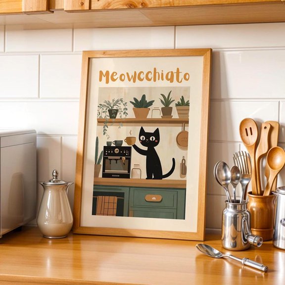 Meowcchiato Coffee Cat Wall Art | Cute Cat Kitchen Poster | Cat Coffee Print for Cat Lovers, Unframed Paper Poster 8x10in