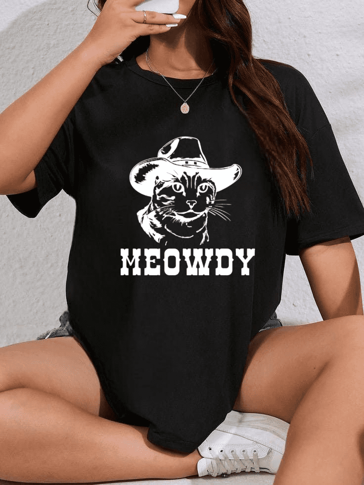 Meowdy Cat Cowboy Silhouette Retro Western Rodeo Meme Graphic Unisex T ...