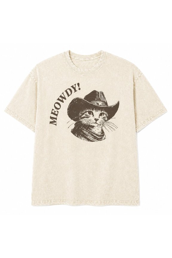 Meowdy Cat Cowboy Washed T-Shirt, Unisex Mineral Wash Graphic Tee