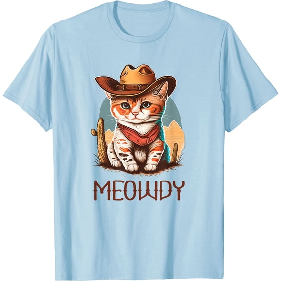Meowdy Cat Funny Howdy Meme Western Cowboy Kitten Unisex T-Shirt for Men Women Kids Toddler,Light Blue Color,Size L