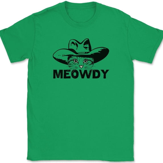 Meowdy Cat T-Shirt Funny Humor Cowboy Cowgirl Howdy Kitten Feline Tee - Green, 2XL