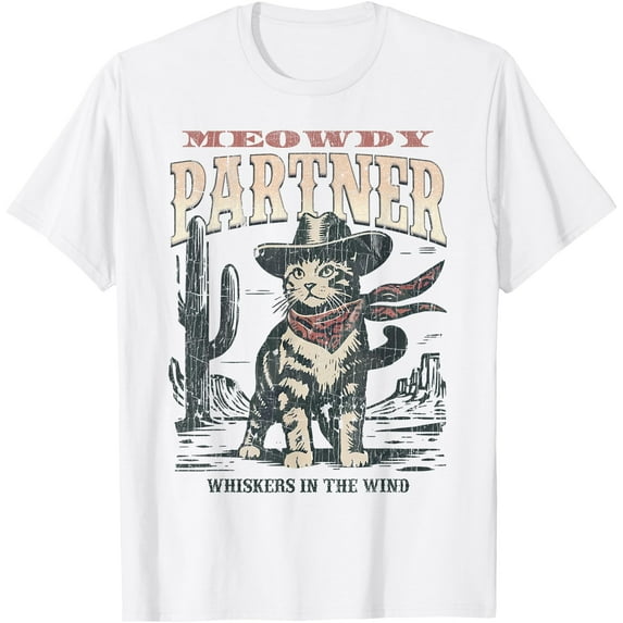 Meowdy Partner Cowboy Cat Vintage Unisex T-Shirt for Men Women Kids Toddler,White Color,Size YXL