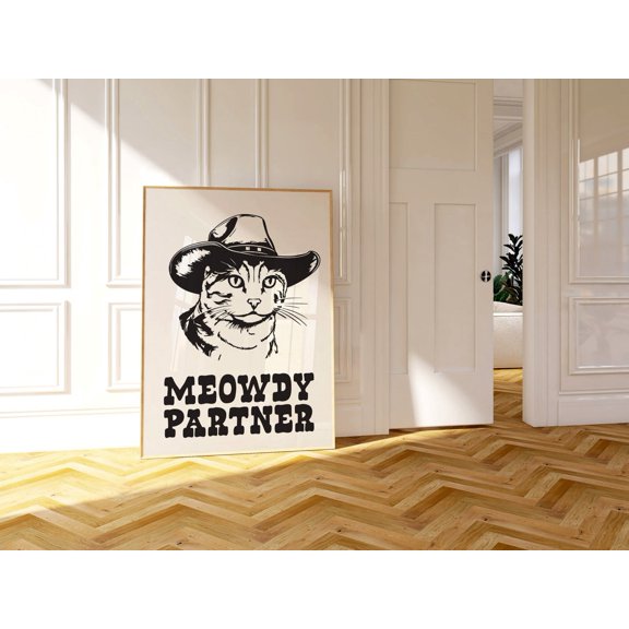 Meowdy Partner Cowgirl Cat Western Wall Art Animal Lover Howdy Cat Print Decor, Stretched Canvas 16x20in