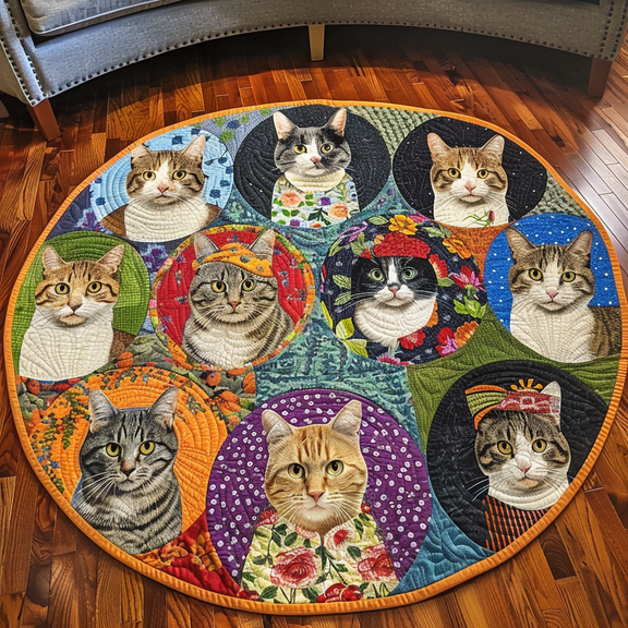 Meowgical Garden Quilted Round Mat, 3D Optical Illusion Cat Rug, Cat and Garden Floor Mat, Whimsical Home Decor, Indoor Outdoor Area Rug
