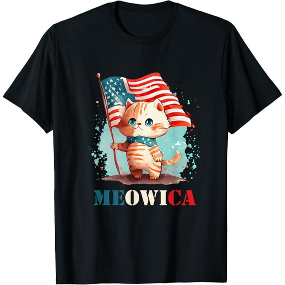 Meowica Cat For 4th of July USA Patriotic American Flag T-Shirt