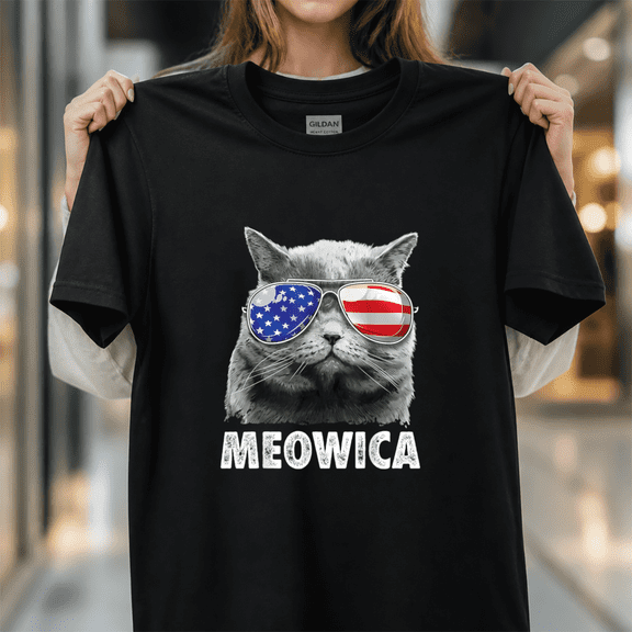 Meowica Cat Fourth July Merica Usa American Flag Graphic Apparel Unisex T-Shirt, S-5XL