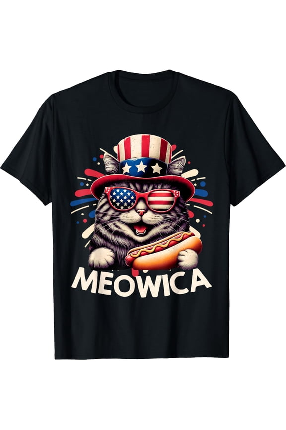 Meowica Hug Hotdog 4th of July Patriotic Cat American Flag 4th of July T-shirt