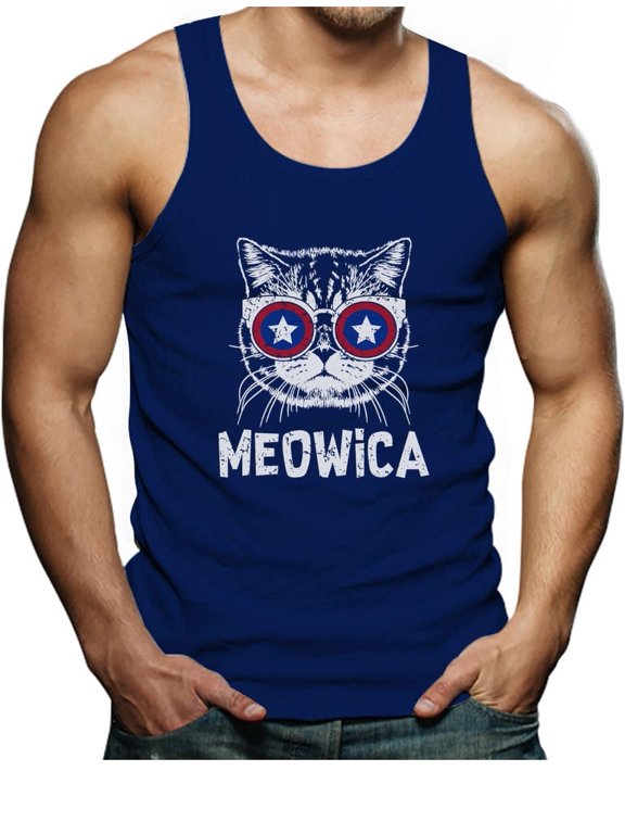 Meowica Men's Singlet - 4th of July Tank Top - Funny Patriotic Cat Graphic Print - Ideal Independence Day Apparel - Great Gift for Men who Love Cats and America - Large Blue