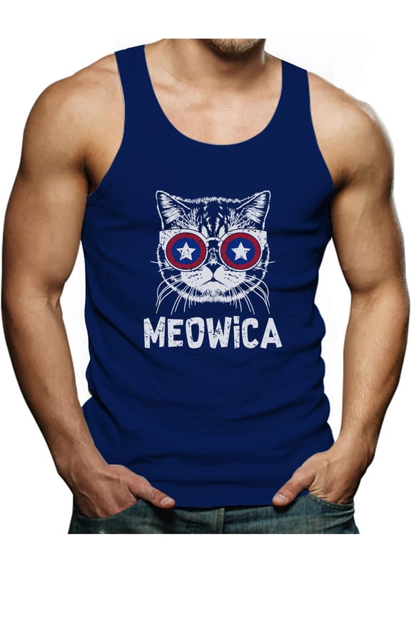 Meowica Men's Singlet - 4th of July Tank Top - Funny Patriotic Cat Graphic Print - Ideal Independence Day Apparel - Great Gift for Men who Love Cats and America - X-Large Blue
