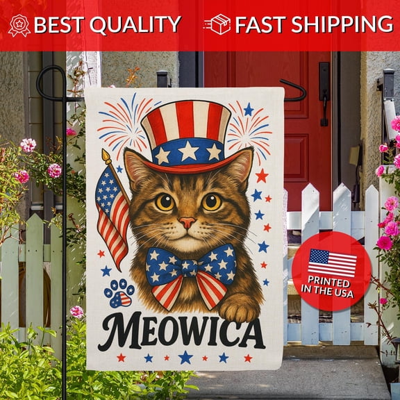 Meowica Patriotic Cat Burlap Garden Flag 4th of July Tabby Cat Independence Day Decor 1