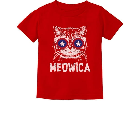 Meowica Tstars Unisex T-shirt for Kids - 4th of July Celebration - Funny American Flag Cat Graphic Tee - Ideal Independence Day Gift - Comfortable Cotton Outfit for Toddlers - 3T Red