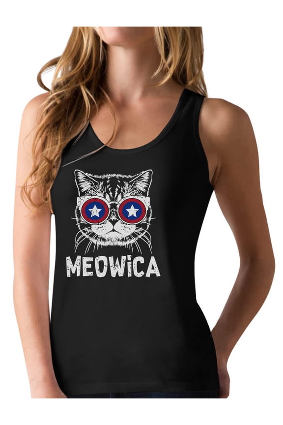 Meowica Women's Racerback Tank Top - Patriotic USA Cat Graphic Tee - Perfect 4th of July Celebration Apparel - Ideal Gift for Cat Lovers and Patriotic Enthusiasts - X-Large Black