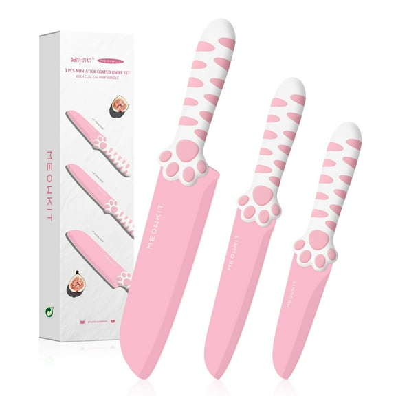 Meowkit 3-piece knife set, Kitchen Knife Set for Cooking, Pink Block Kitchen Knives