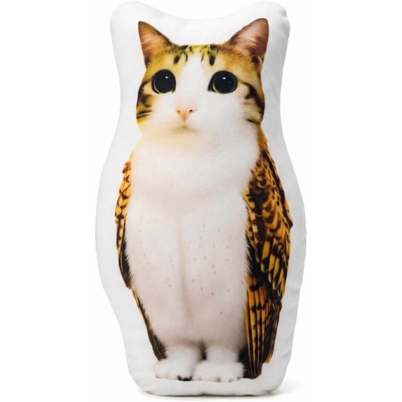 Meowl Meme Decorative Pillow, 14" Soft Cat-Owl Hybrid Home Accent, Unique Shaped Throw Pillow for Couch and Bed, Surrealist Aesthetic Room Decor