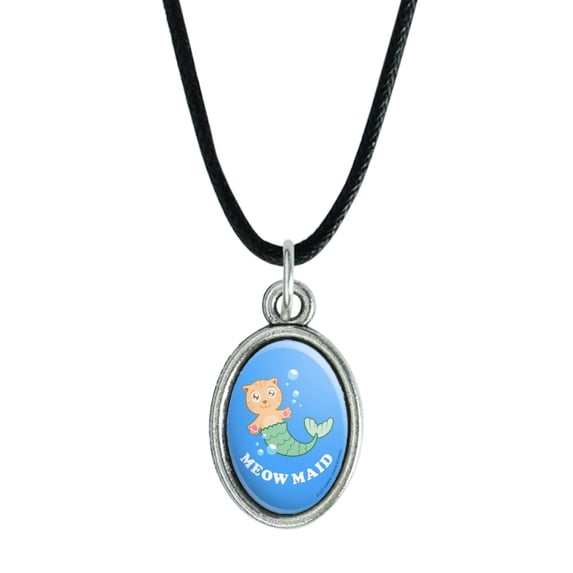 Meowmaid Cat Mermaid Funny Humor Antiqued Oval Charm Pendant with Black Satin Cord