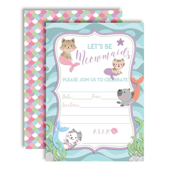 Meowmaids Mermaid Kitty Cat Birthday Party Invitations