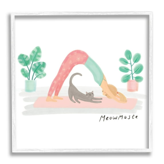Meowmaste Yoga Cat Pun Cute Stretching Pet Animals & Insects Framed Art Print Wall Art, 17x17