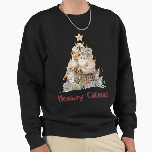 Meowry Catmas Christmas Cat Tree Graphic Unisex Sweatshirt Retro Vintage Holiday G21588, Up to Size 5XL