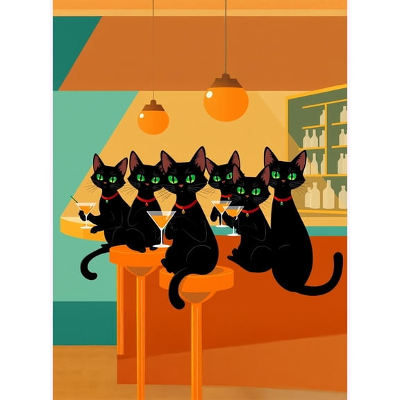 Meowtinis at Midnight – Black Cats at the Bar Art Poster 【Photo Paper】