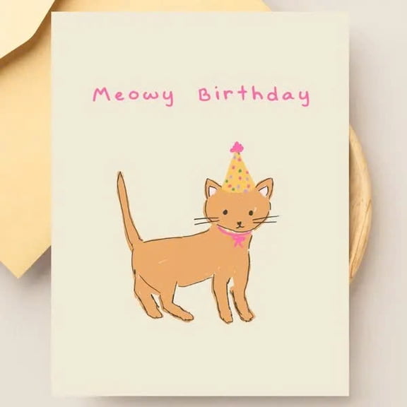 Meowy Birthday Cat Card Cute Cartoon Birthday Card with Orange Cat Design Perfect for Cat Lovers Blank Inside with Envelope Included