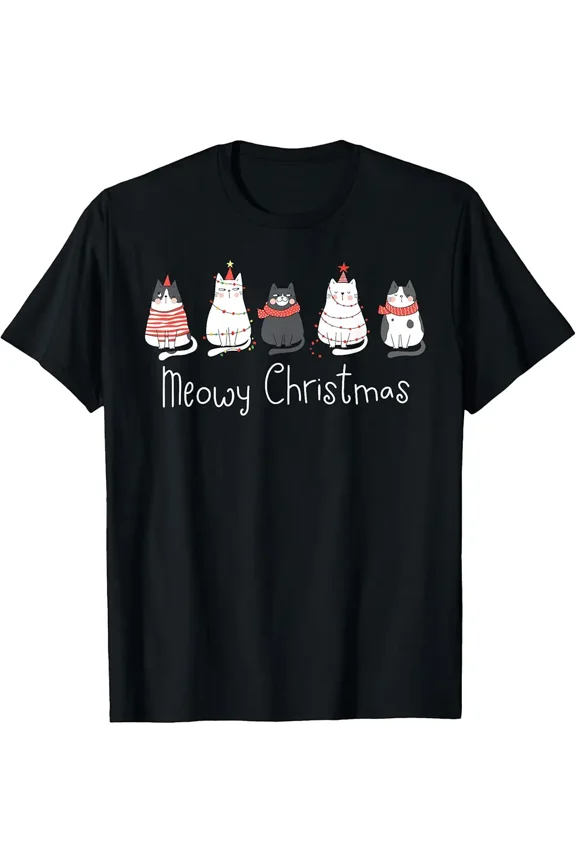 Meowy Catmas Cat Christmas Cute Cats Hat Graphic Art Design Best Top Unisex T-Shirt, up to Size 5XL