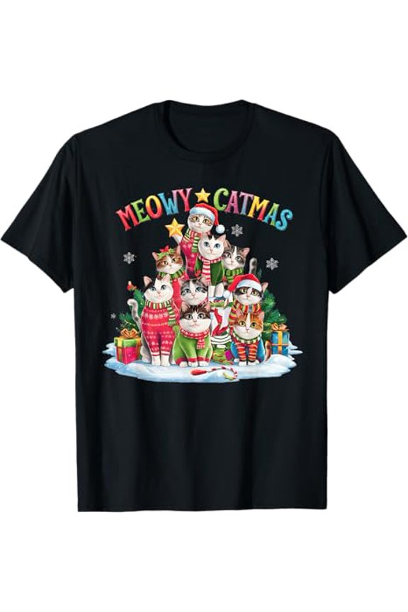 Meowy Catmas Cat Tree Lights Funny Christmas Unisex T-Shirt, up to size 5XL