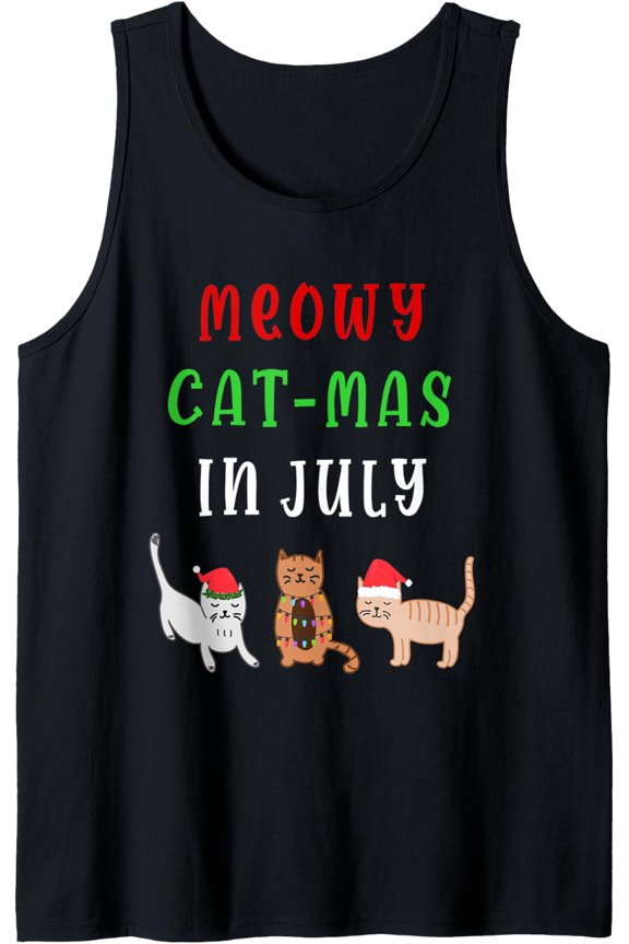 Meowy Catmas Christmas In July Santa Hat Cat Lover Tank Top Size S-3XL