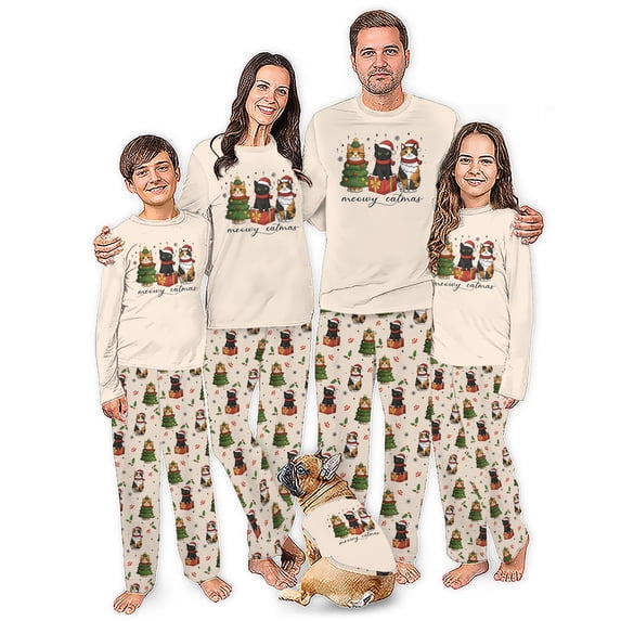 Meowy Catmas Matching Family Christmas Pajamas With Dog, Funny Cat Lover Holiday PJs, Kitty Christmas Pajama Set, Plus Sizes