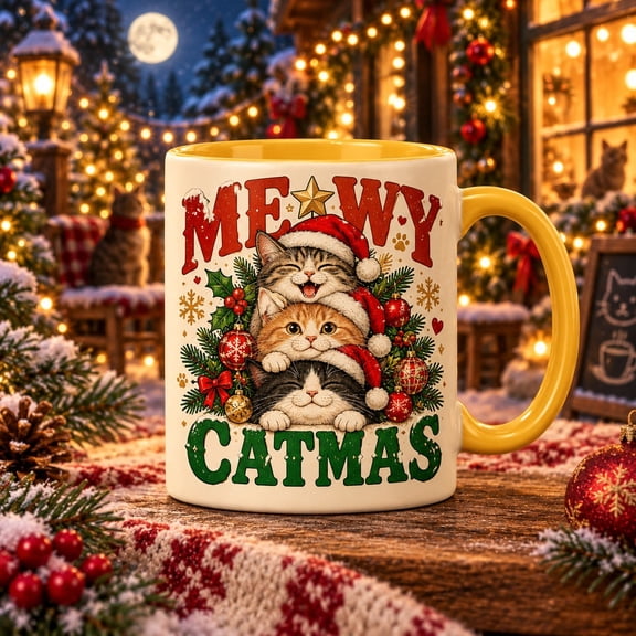 Meowy Catmas Mug Stacked Santa Cats Holiday Coffee Cup for Festive Feline Fans