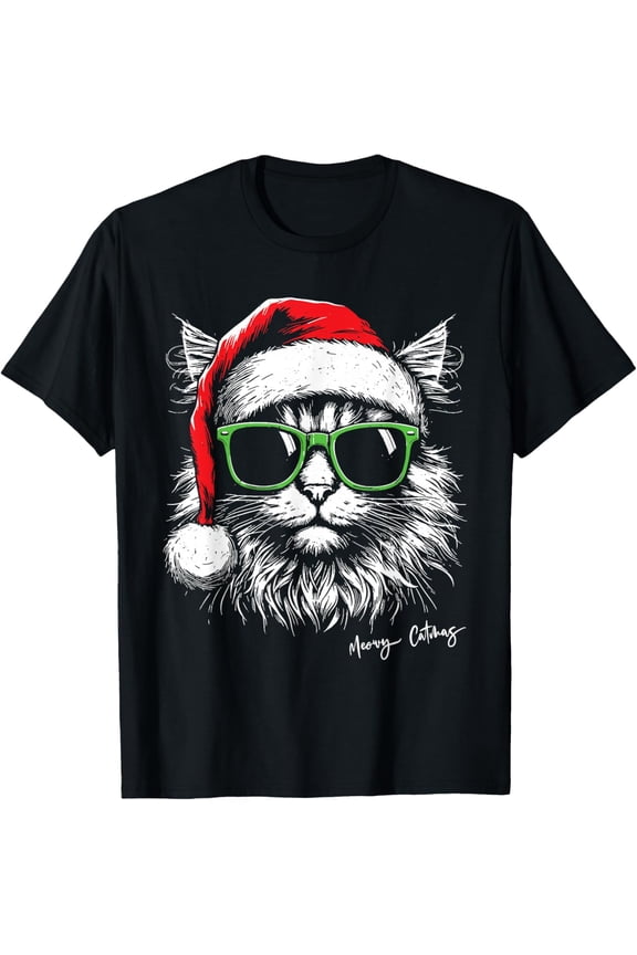 Meowy Catmas Santa Hat Cute Cat Christmas Pajamas Xmas T-Shirt Shirts