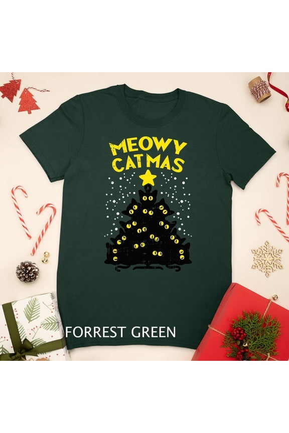 Meowy Catmas T-Shirt – Funny Black Cat Christmas Graphic Tee – Cute Pet Lover Holiday Shirt – Unisex Christmas Gift