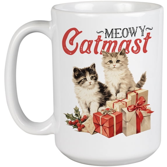 Meowy Catmast, Cute Christmas Pun with Vintage Cats & Presents Art Merch Gift, White 15oz Ceramic Mug