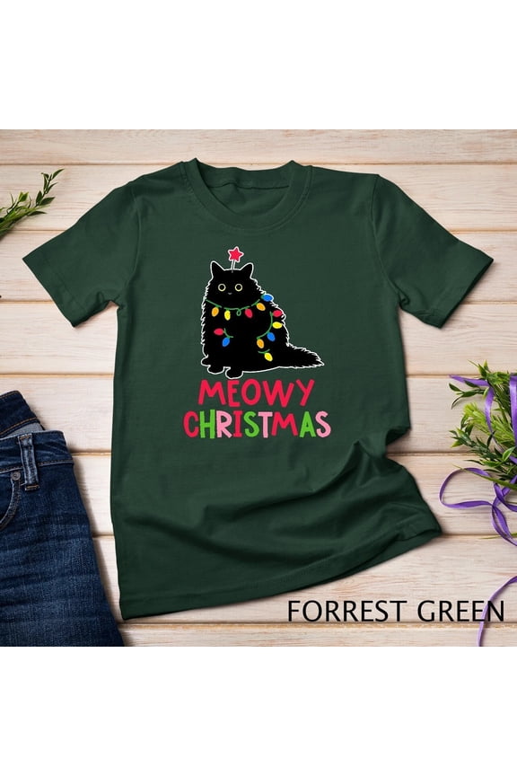 Meowy Christmas Black Cat Unisex T-Shirt Funny Holiday Lights Graphic Tee