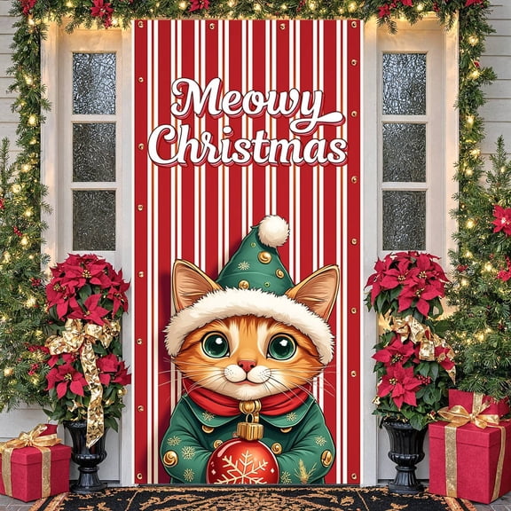 Meowy Christmas Cat Backdrop Banner – Cute Kitty Holiday Wall Decoration, Red Striped 71x35 Inch Xmas Banner with Rope for Home or Party Decor