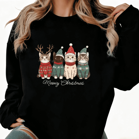 Women's Cat Graphic Tee T-Shirt Meowy Christmas Cat Print Top Round-neck long-sleeved Black S-3XL