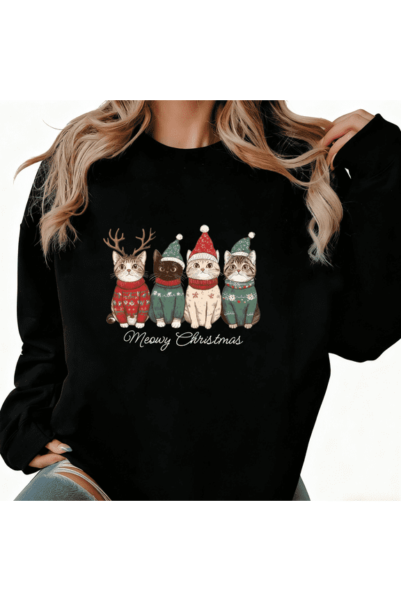 Women's Cat Graphic Tee T-Shirt Meowy Christmas Cat Print Top Round-neck long-sleeved Black S-3XL