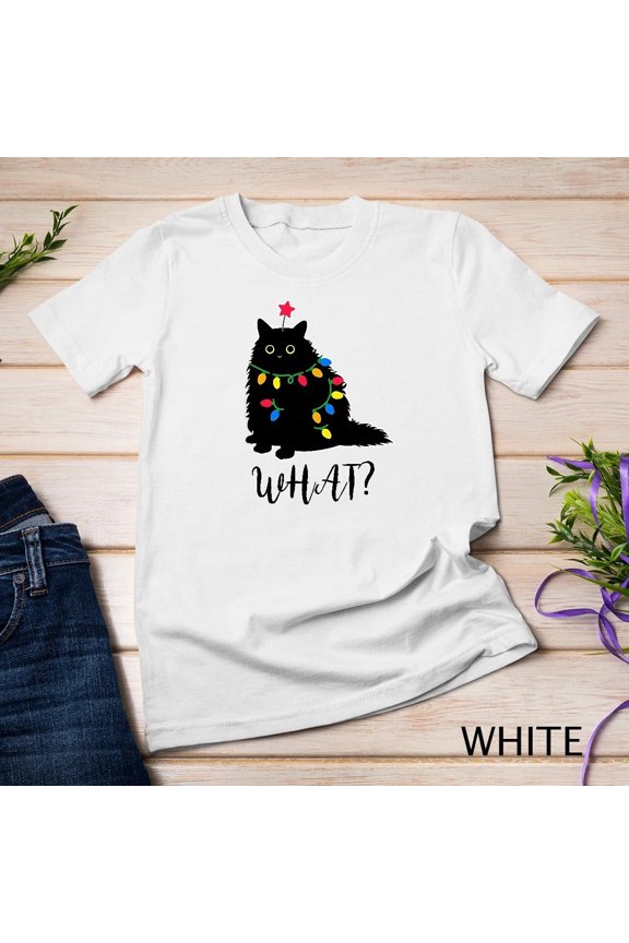 Meowy Christmas Cat Lights T-Shirt – Funny Black Cat Xmas Tee, Holiday Humor Graphic, Trendy Festive Unisex Shirt