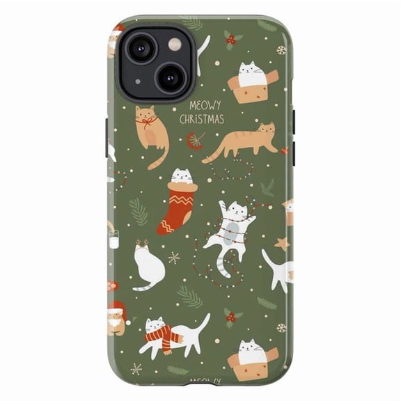 Meowy Christmas Cat Phone Case, Festive Kitten Holiday Pattern Protective Cover for iPhone 17 16 15 14 13 12 11 Plus Pro Max Mini