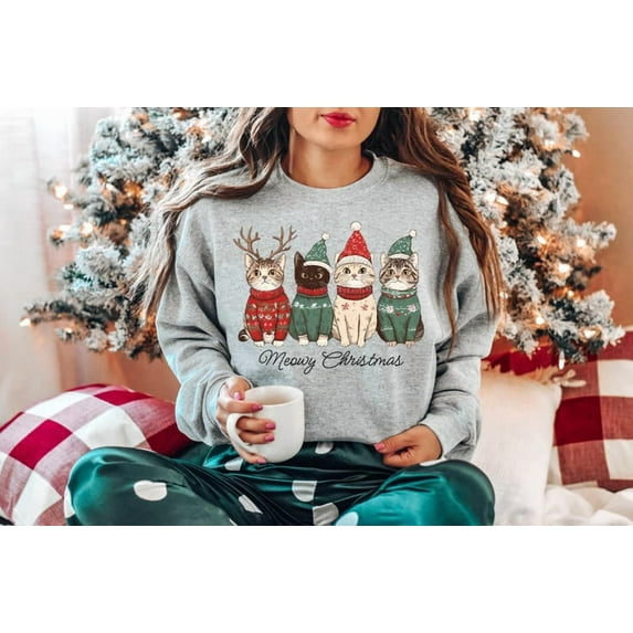 Meowy Christmas Cat Sweatshirt, Cute Cat Lover Xmas Crewneck, Christmas Cat Mom Sweater, Funny Catmas Holiday Gift, New Year Unisex Pullover