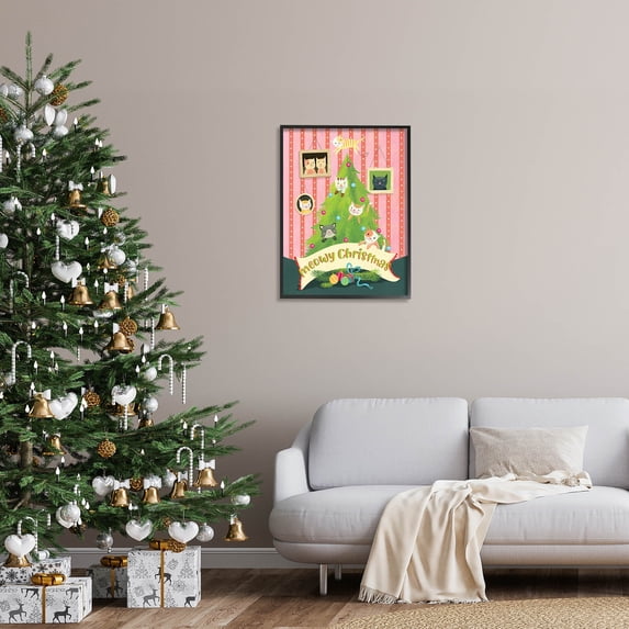 Meowy Christmas Cat Tree Holiday Graphic Art Black Framed Art Print Wall Art