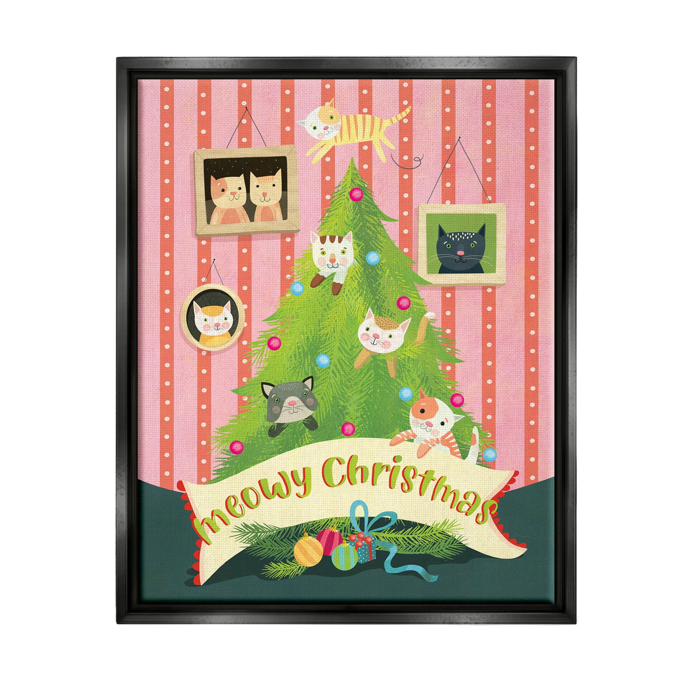 Meowy Christmas Cat Tree Holiday Graphic Art Jet Black Framed Art Print Wall Art