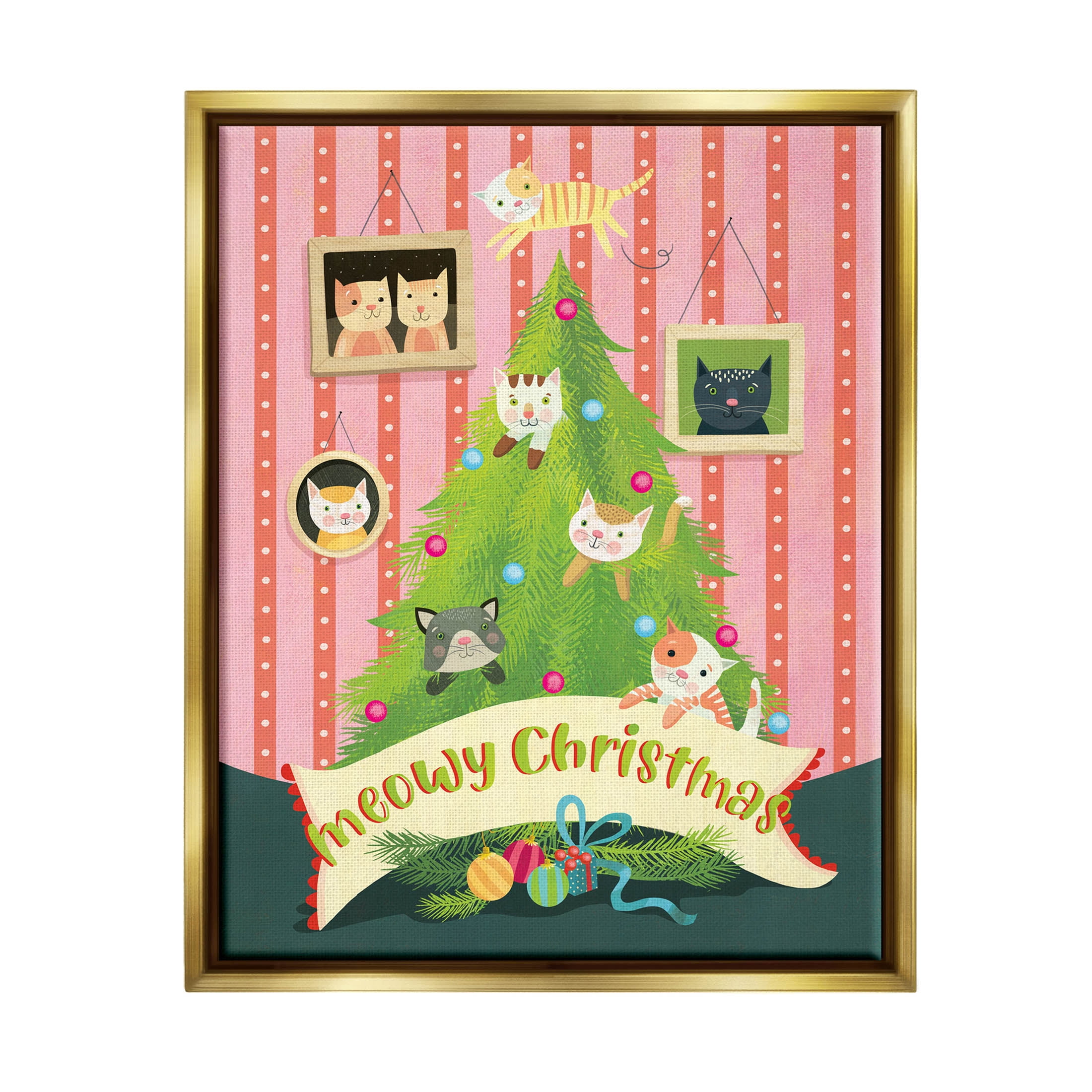 Meowy Christmas Cat Tree Holiday Graphic Art Metallic Gold Framed Art Print Wall Art