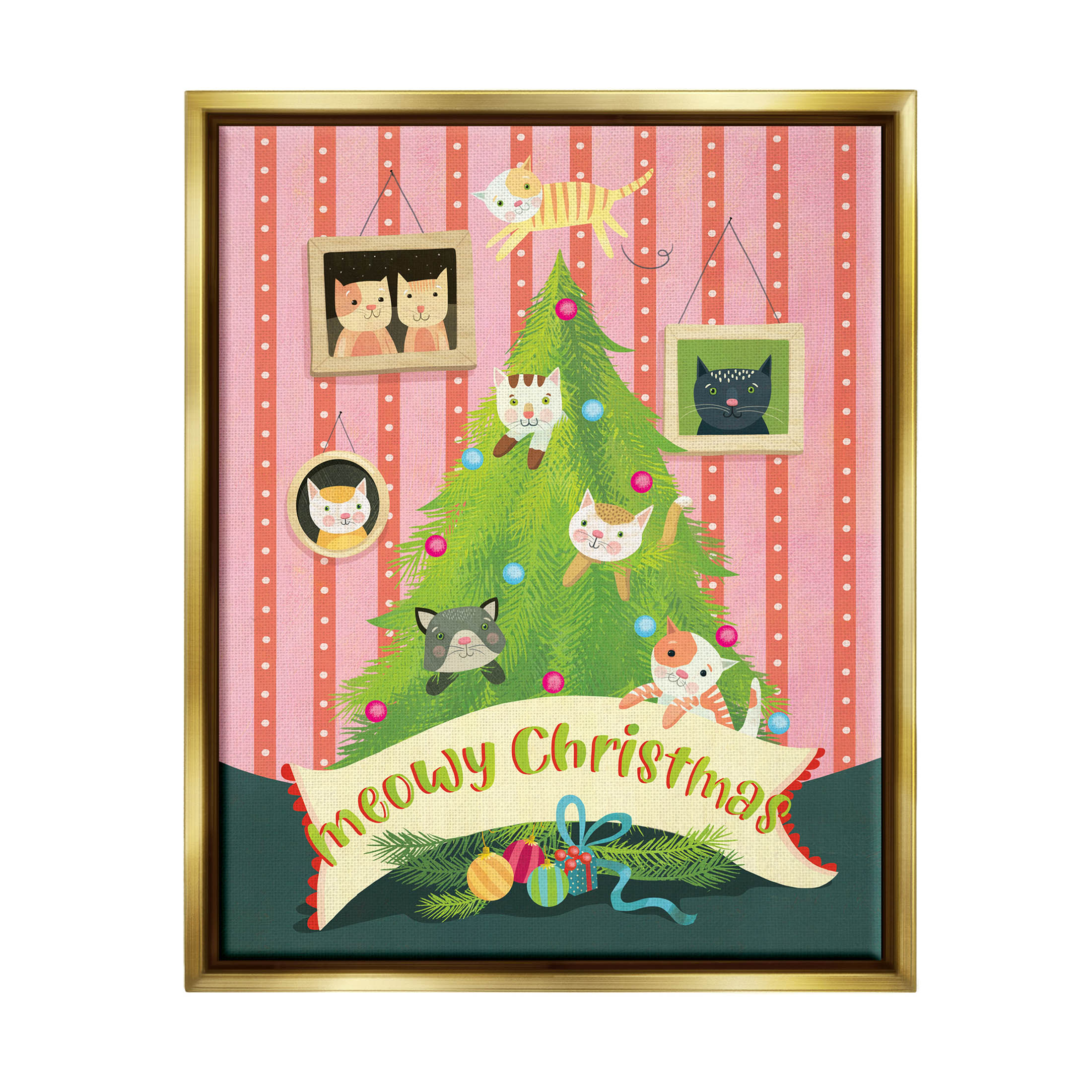 Meowy Christmas Cat Tree Holiday Graphic Art Metallic Gold Framed Art Print Wall Art