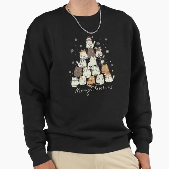 Meowy Christmas Cat Tree Holiday Graphic Unisex Sweatshirt Retro Vintage Art - Machine Washable G22602, Up to Size 5XL
